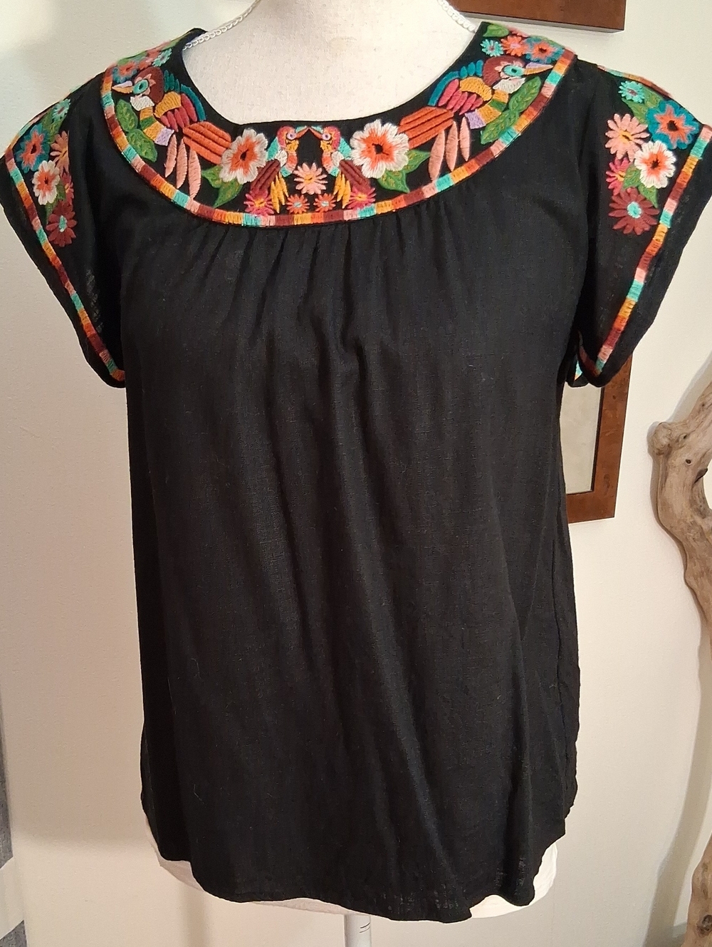 THML Black Short Sleeve Top with Multicolor Embroidered Yoke